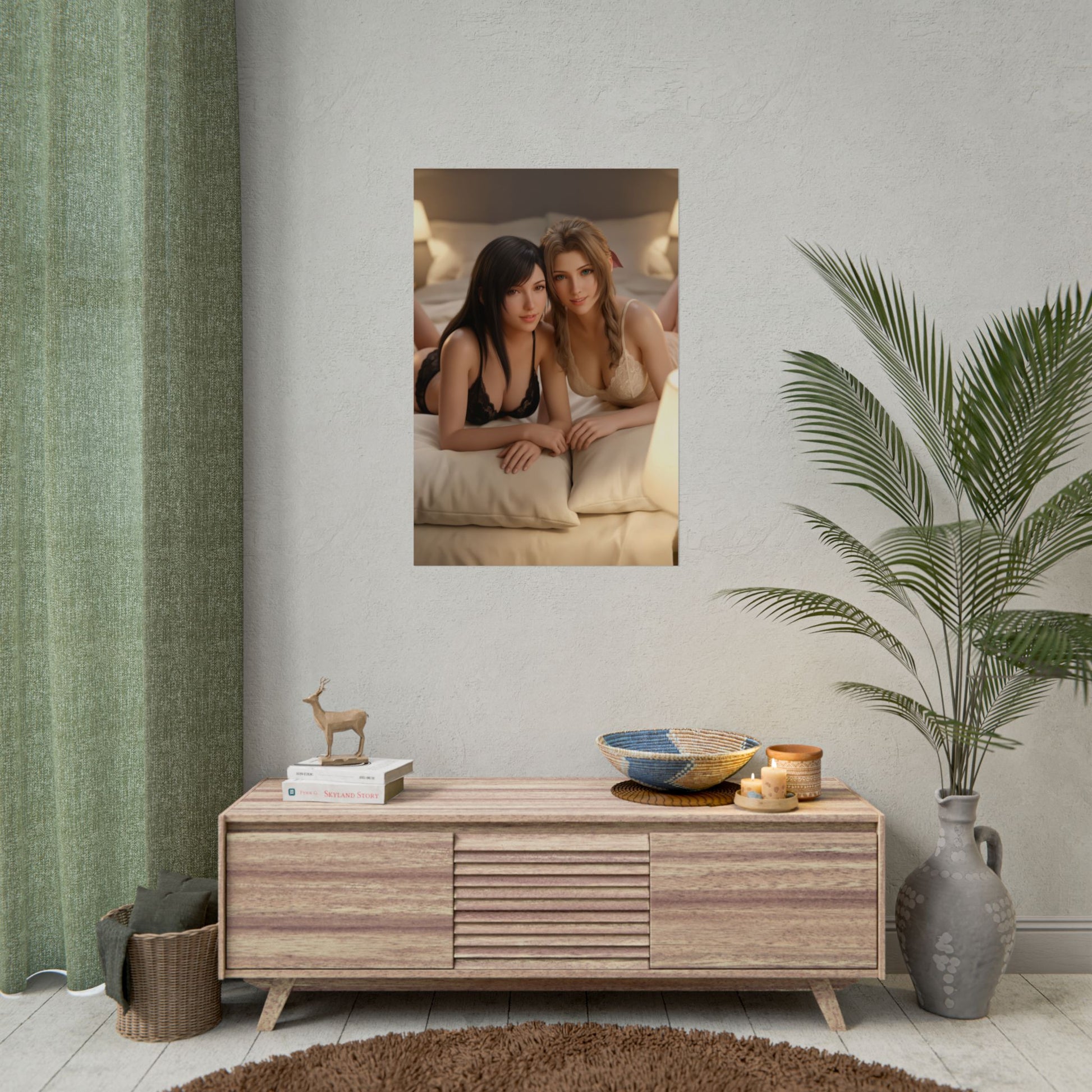 Tifa Aerith Poster, Final Fantasy Art Print – RPG Heroines Wall Art featuring two iconic RPG heroines on a bedroom-style art print displayed above a console