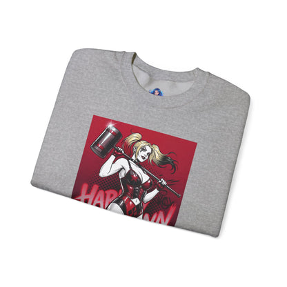 Harley Quinn Sweatshirt, DC Comics Pop Art Style, Premium Fan Apparel - gray crewneck with anime-style Harley holding oversized hammer