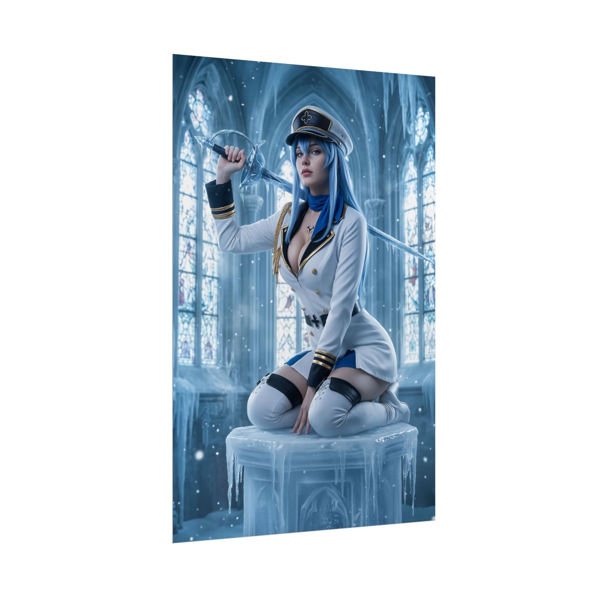 Esdeath Poster, Akame ga Kill Art Print, Iconic Ice General Wall Decor - anime cosplay art of Esdeath in icy cathedral, striking blue-white composition