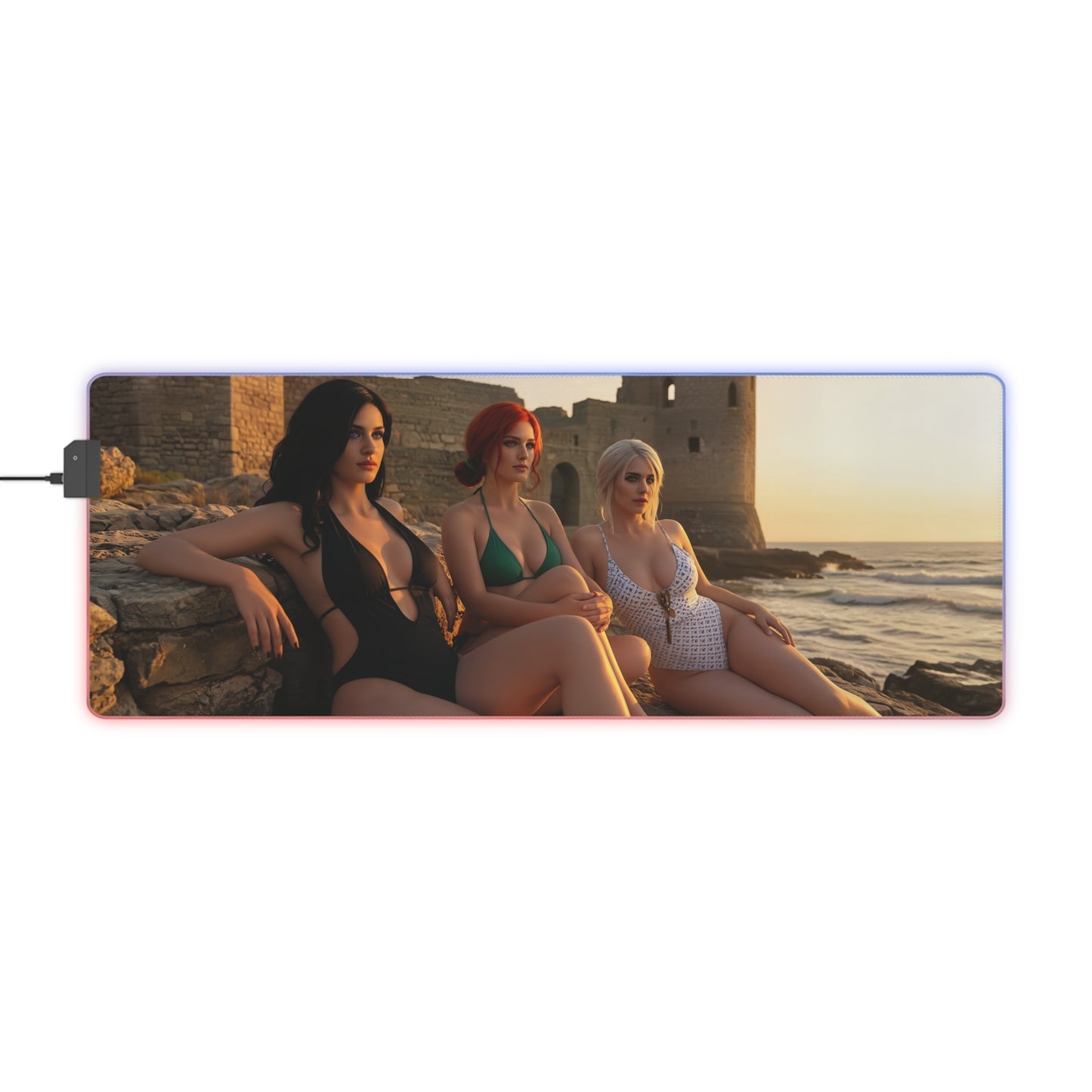 Ciri, Triss Merigold & Yennefer Desk Mat – LED RGB Pad featuring three heroines lounging seaside with RGB edge lighting