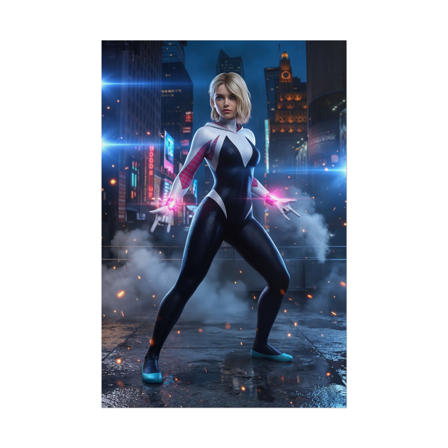 Gwen Stacy Poster, Spider-Man Art Print – Iconic Comic Heroine Wall Art: dynamic Gwen Stacy in black white pink costume on rainy neon city rooftop