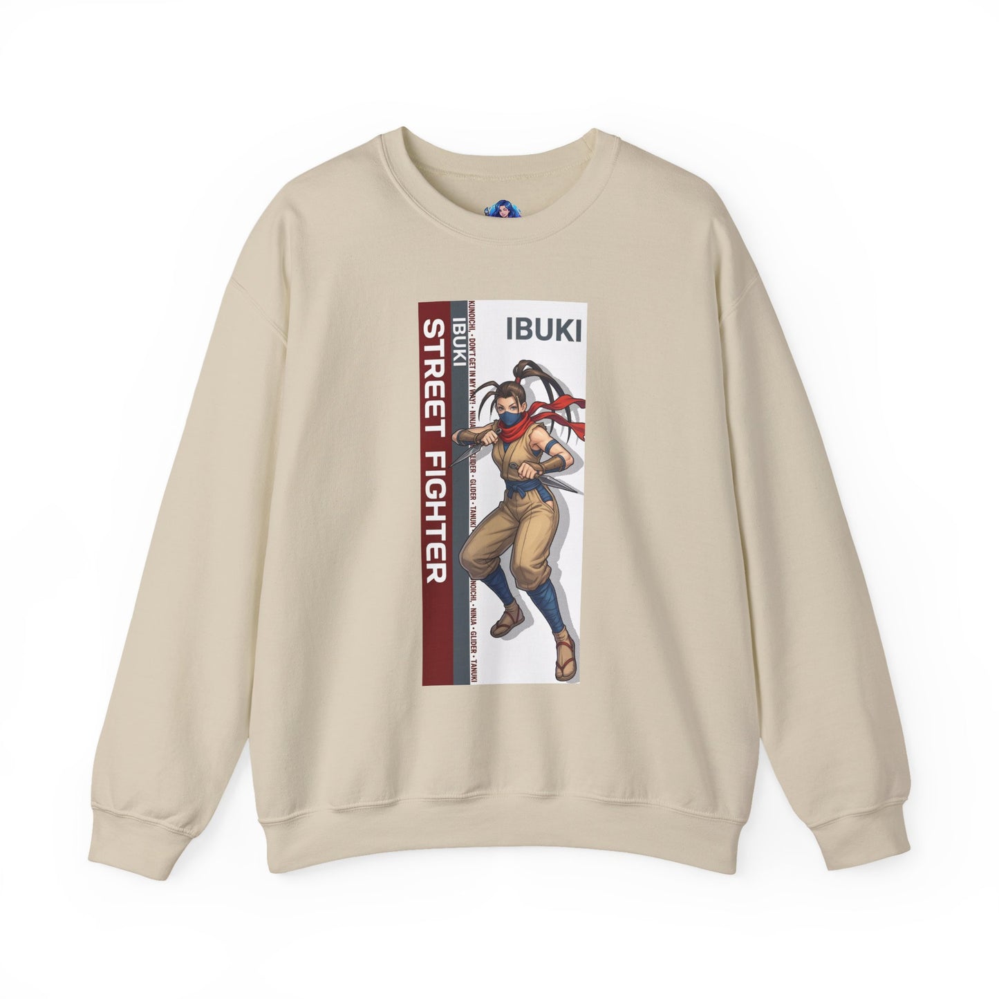 Ibuki Sweatshirt, Street Fighter Crewneck, Agile Ninja Gaming Apparel for Fans showcasing Ibuki character art on beige premium crewneck