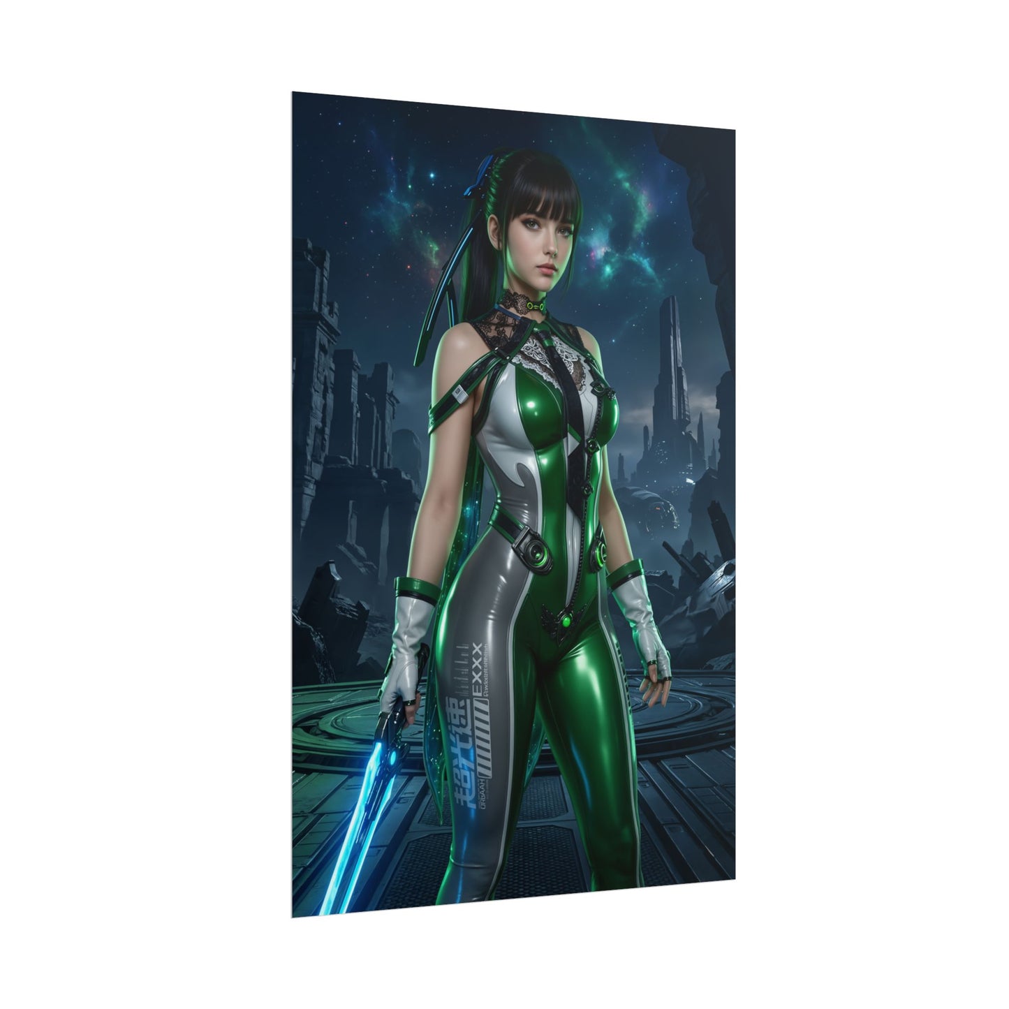 EVE Poster, Stellar Blade Art Print, Iconic Sci-Fi Action Hero — futuristic heroine in green combat suit holding glowing blade for gaming room décor