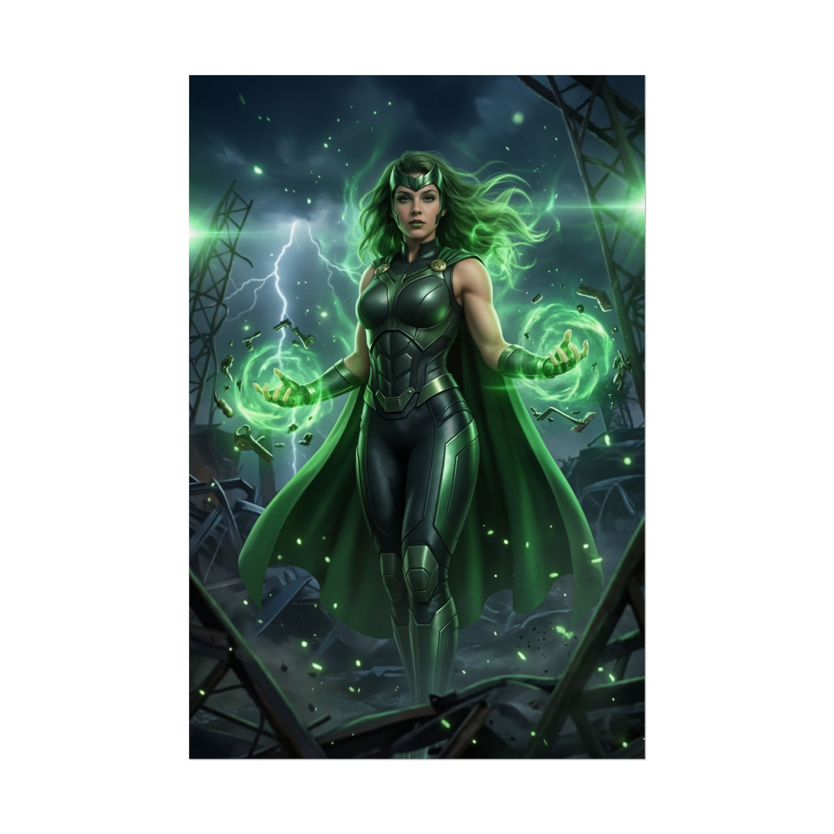 Polaris Poster, Marvel Art Print  Iconic Mutant Heroine Wall Art: dramatic Polaris in green costume unleashing magnetic energy over ruined cityscape