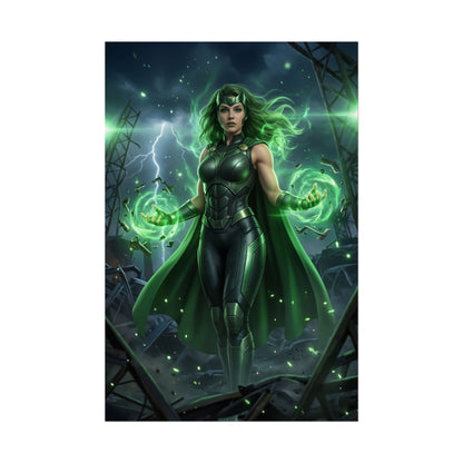 Polaris Poster, Marvel Art Print – Iconic Mutant Heroine Wall Art: dramatic Polaris in green costume unleashing magnetic energy over ruined cityscape