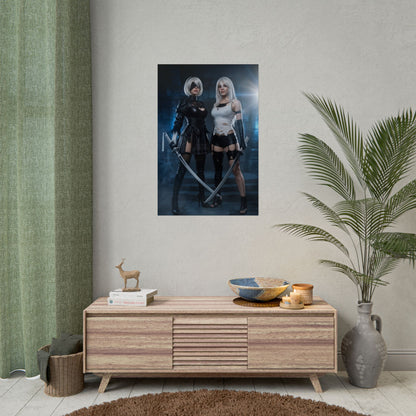 A2 and 2B Poster, NieR Automata Art Print – Iconic Android Duo Wall Art featuring two androids posed with swords