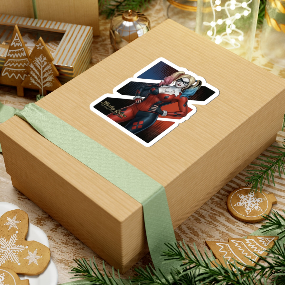 Harley Quinn Sticker – Comic Character Vinyl Sticker for Laptops & Indoor Decor on a gift box, glossy vibrant vinyl decal applied smoothly