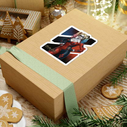 Harley Quinn Sticker – Comic Character Vinyl Sticker for Laptops & Indoor Decor on a gift box, glossy vibrant vinyl decal applied smoothly