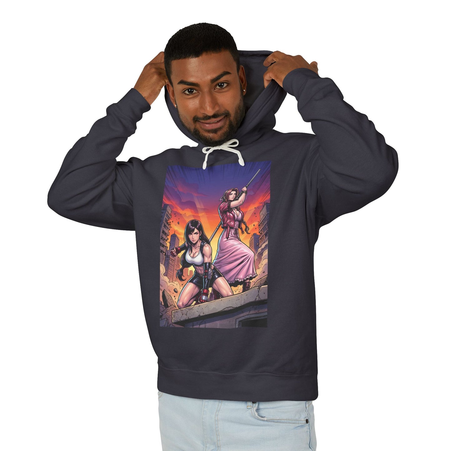 Tifa & Aerith Hoodie | Final Fantasy Heroine Hoodie | Legendary Duo Pullover - navy pullover with dynamic Tifa and Aerith artwork on front