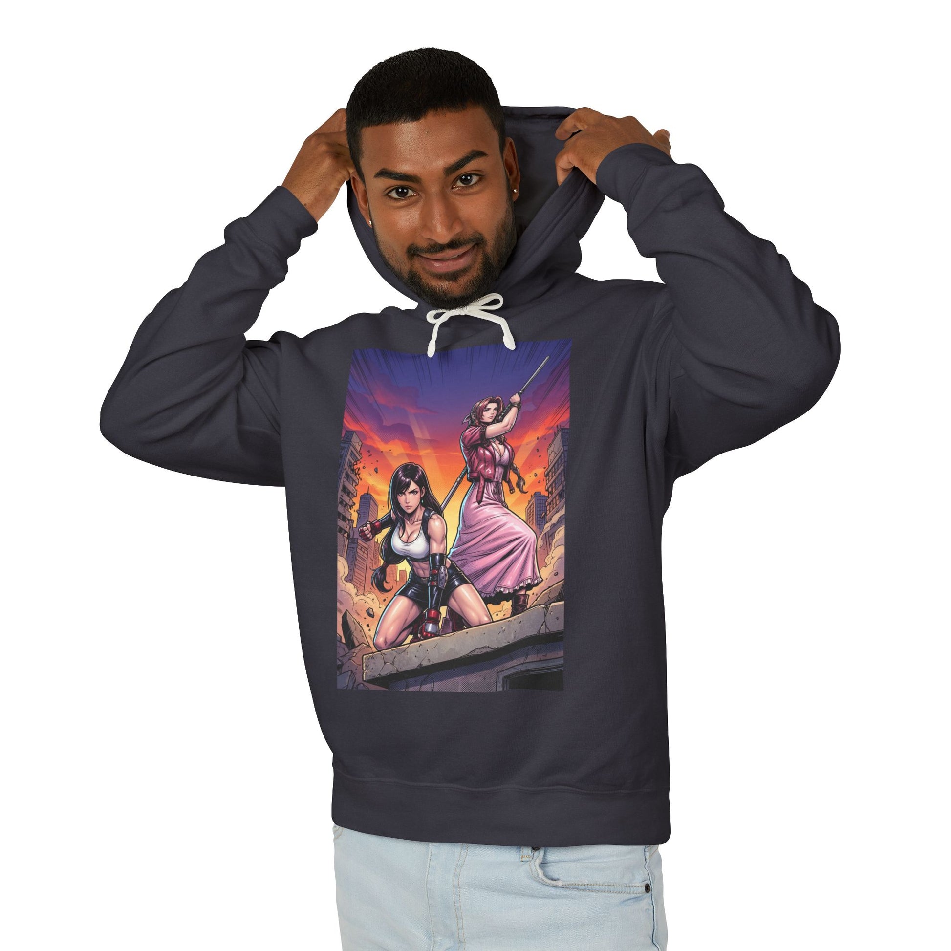 Tifa & Aerith Hoodie | Final Fantasy Heroine Hoodie | Legendary Duo Pullover - navy pullover with dynamic Tifa and Aerith artwork on front