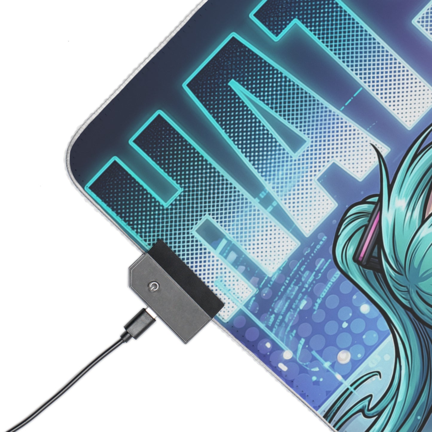 Hatsune Miku RGB Desk Mat, Anime Gaming Mouse Pad, LED Desk Mat for Gamer Setup — corner view with USB LED controller and teal character art