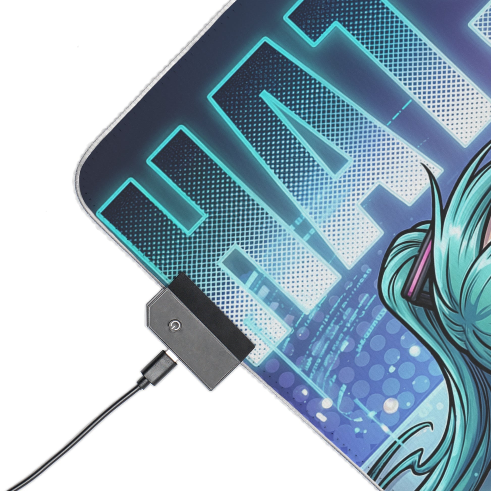 Hatsune Miku RGB Desk Mat, Anime Gaming Mouse Pad, LED Desk Mat for Gamer Setup — corner view with USB LED controller and teal character art