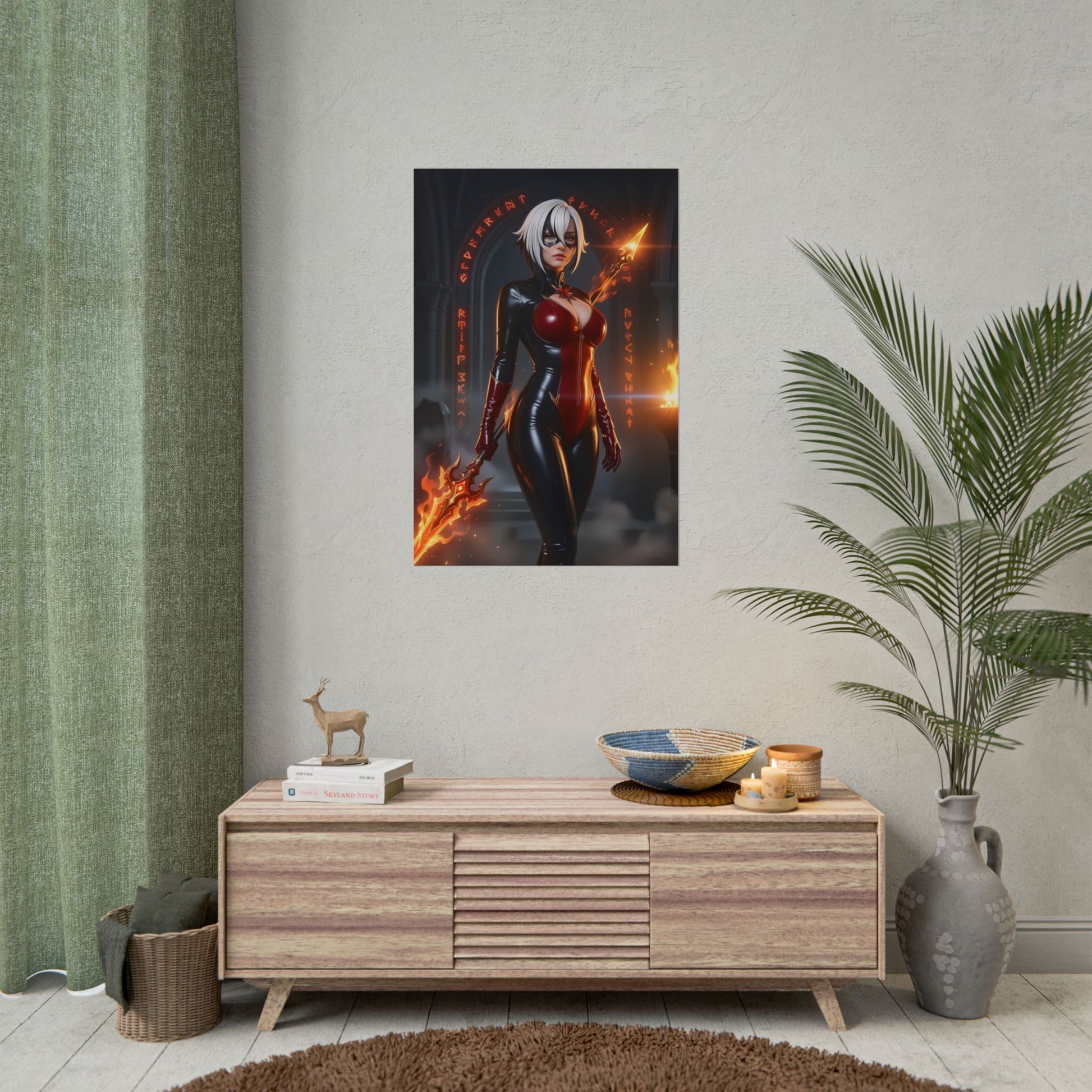 Arlecchino Poster, Genshin Impact Art Print – Iconic Harbinger Heroine on wall above console, dark fantasy gaming room decor