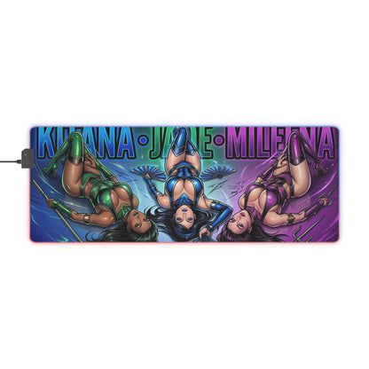 Kitana Jade Mileena RGB Desk Mat, Mortal Kombat Gaming Mouse Pad, LED Desk Mat featuring trio artwork and RGB lighting