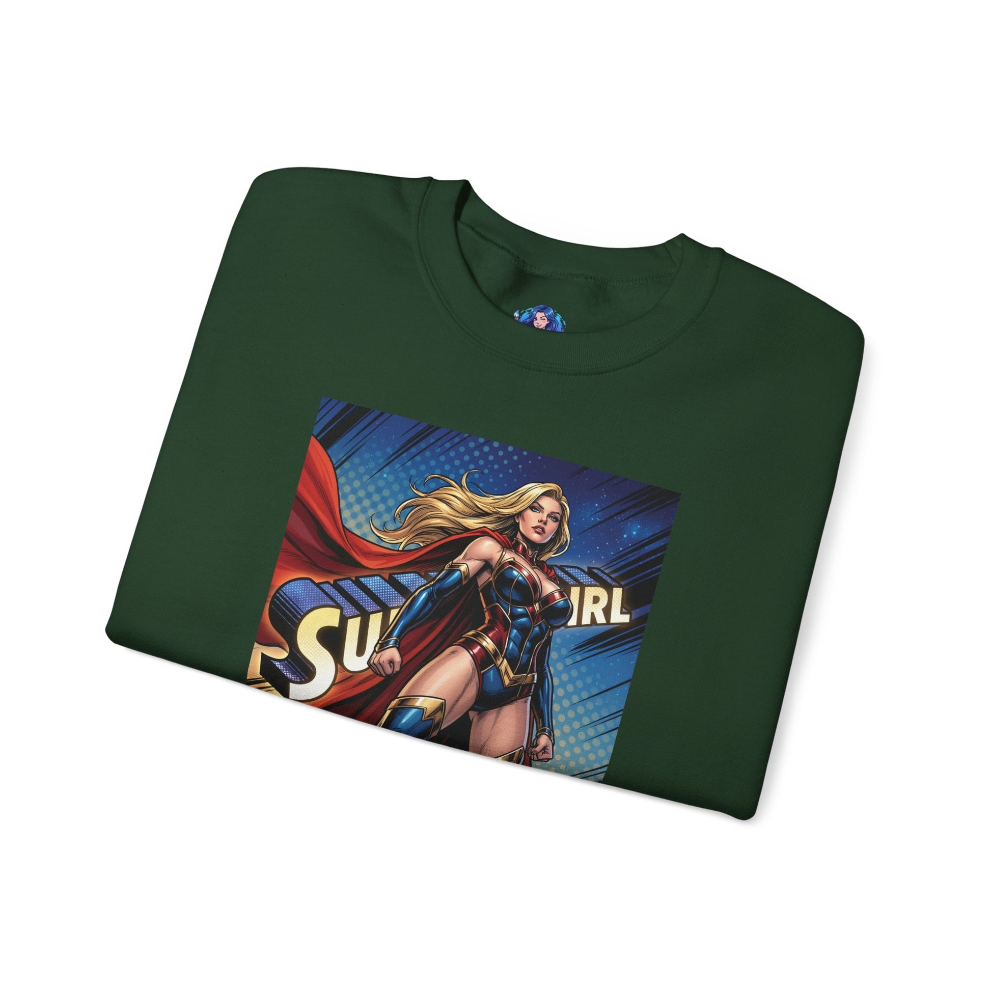 Supergirl Sweatshirt, DC Comics Crewneck, Iconic Superhero Fan Apparel - folded green crewneck with bold Supergirl comic art