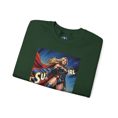 Supergirl Sweatshirt, DC Comics Crewneck, Iconic Superhero Fan Apparel - folded green crewneck with bold Supergirl comic art