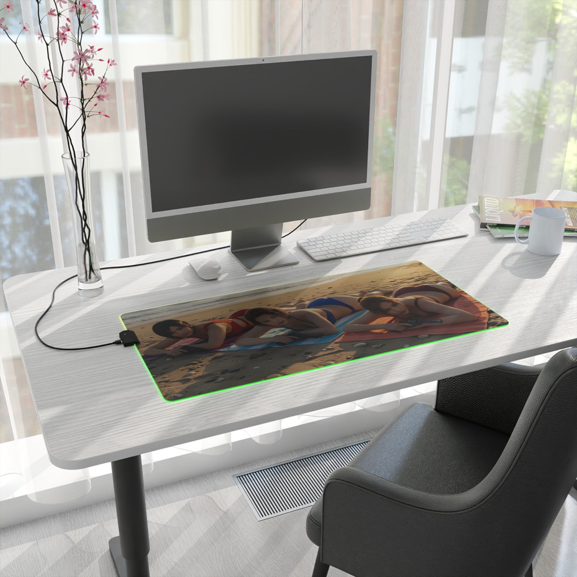 Ada Wong, Claire Redfield & Jill Valentine Desk Mat – LED RGB Pad displayed on a modern bright desk with RGB glow and gaming setup