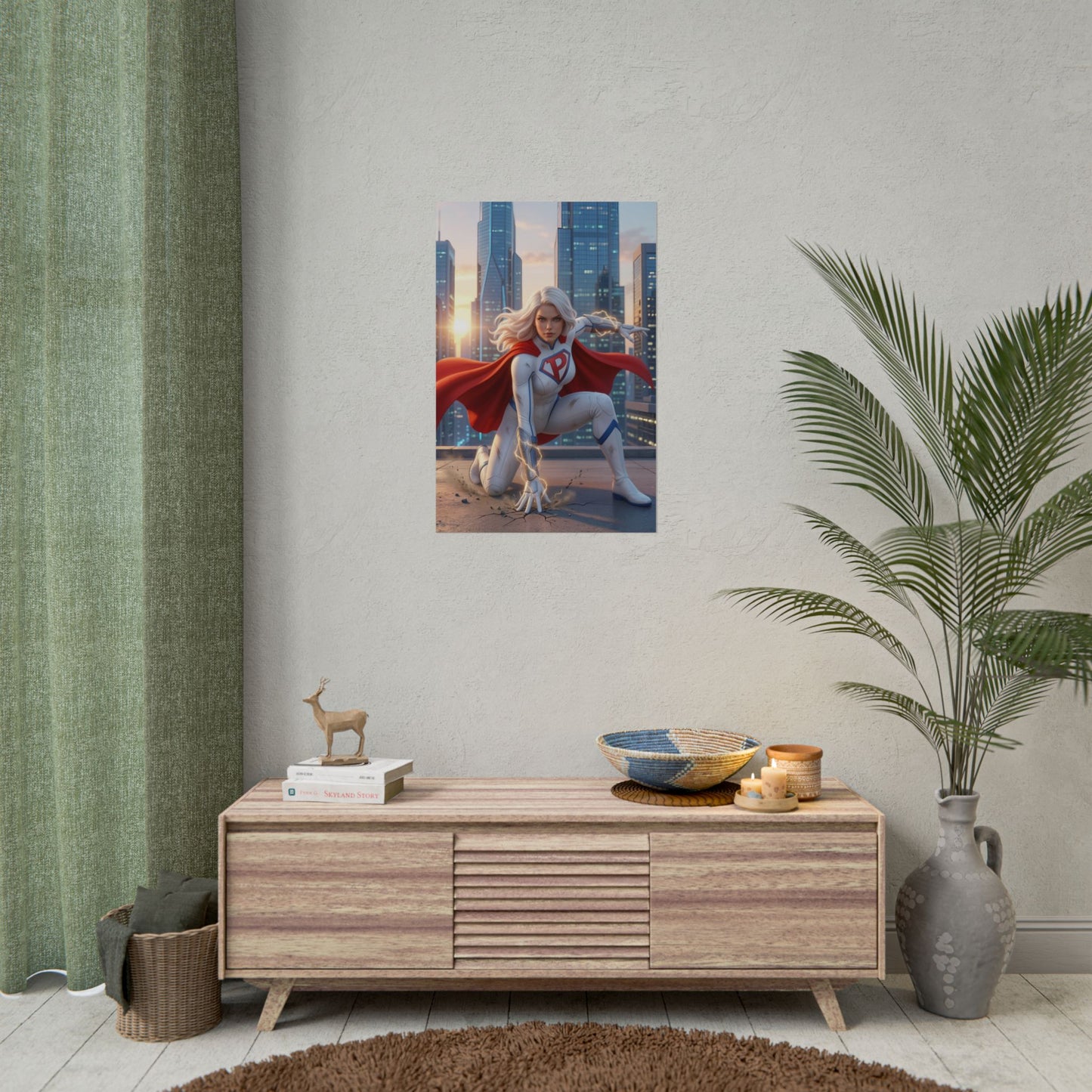 Power Girl Poster, DC Comics Art Print – Superhero Wall Art on wall above console in modern gamer room decor