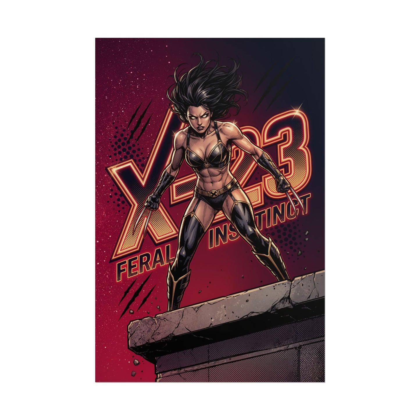 X-23 Poster / X-23 Wall Art / X-23 Art Print / X-Men Poster — fierce X-23 in combat stance with dramatic lighting and comic realism