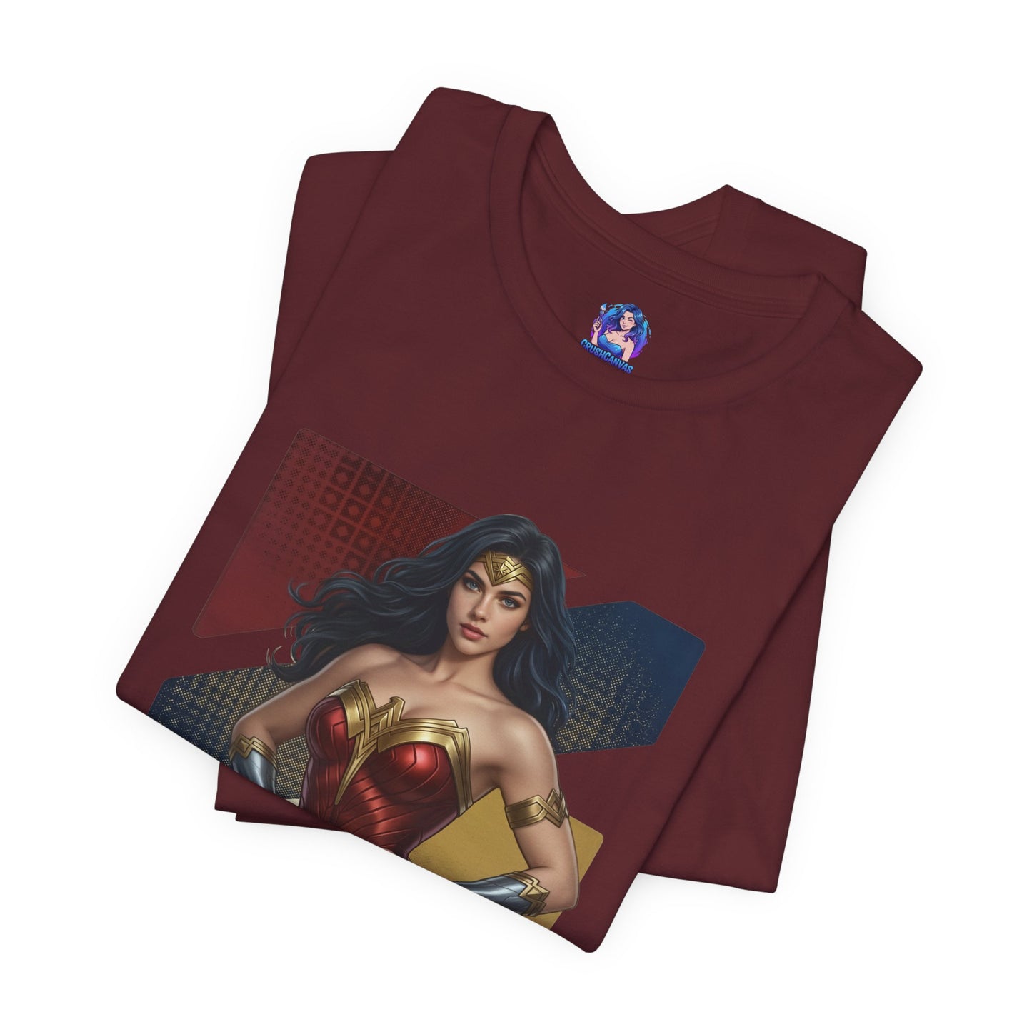 Wonder Woman T-Shirt | DC Comics Anime Tee for Gamers & Hero Fans folded maroon tee showing anime-style Wonder Woman print on Bella Canvas