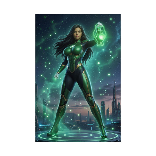 Jessica Cruz Poster, DC Comics Wall Art Print – Heroine Decor showing superheroine with green power lantern over futuristic city