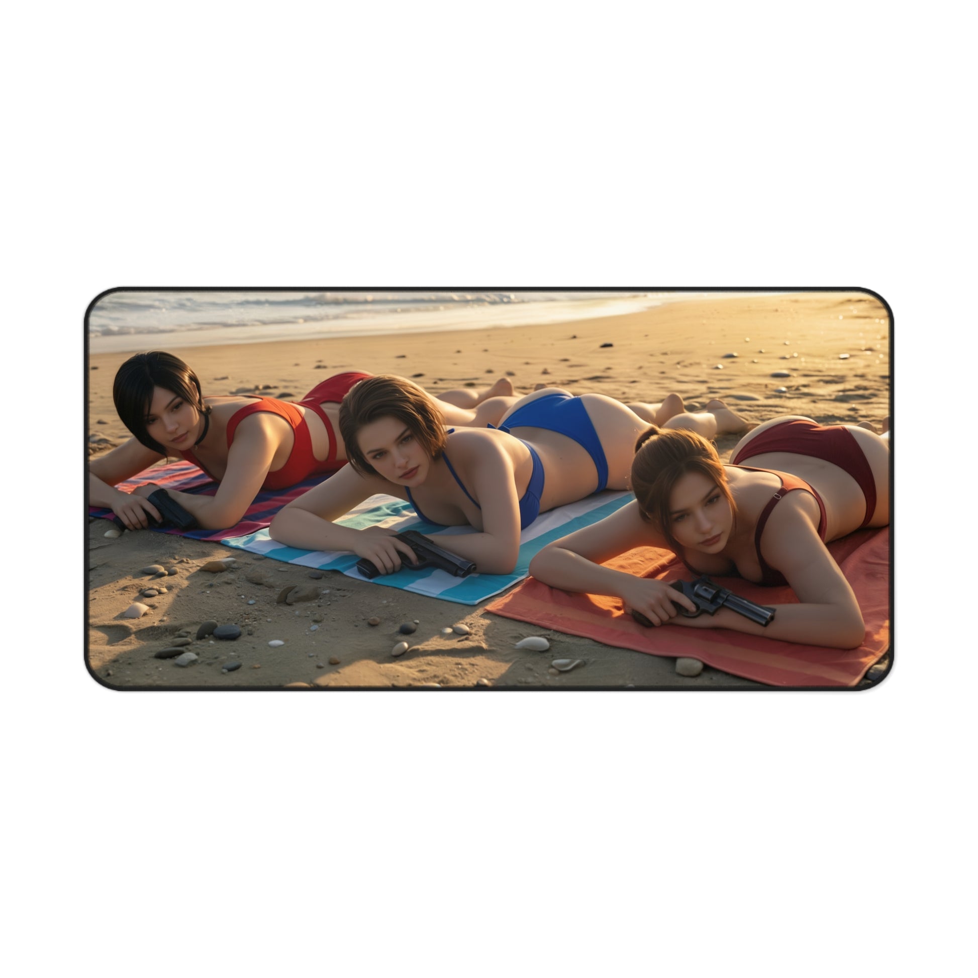 Gaming Mouse Pad – Ada Wong Claire Redfield Jill Valentine Desk Mat, Horror Setup with trio of characters in swimsuits on beach holding weapons