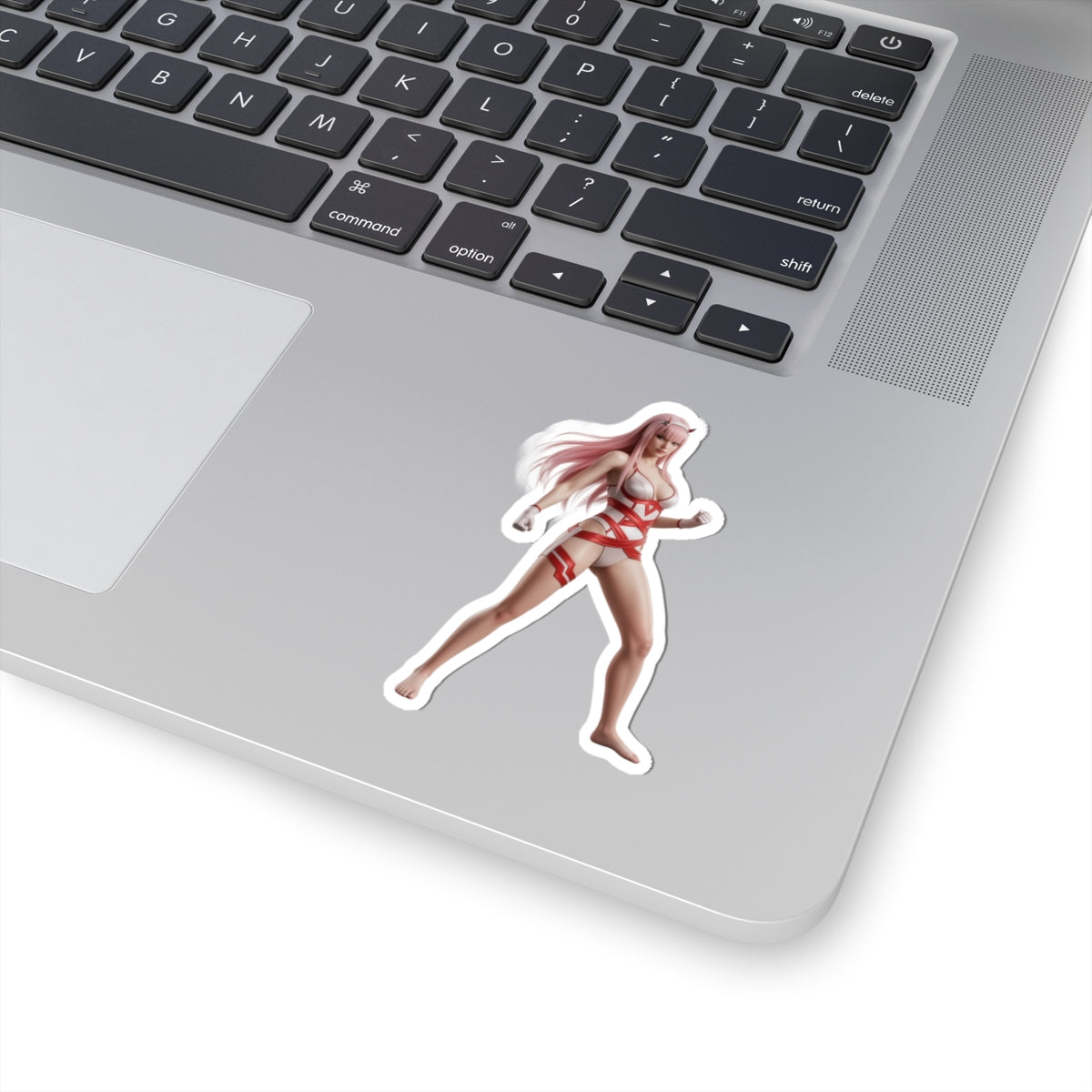 Zero Two Sticker – Anime Character Vinyl Sticker for Laptops & Indoor Decor on silver laptop, glossy durable vinyl, vibrant anime art