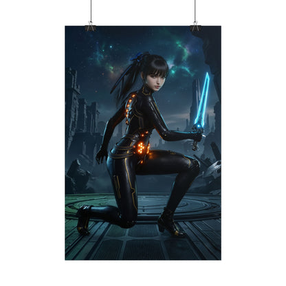 EVE Poster, Stellar Blade Art Print, Legendary Android Warrior kneeling with glowing blue blade in futuristic sci‑fi ruin, sharp character detail for gaming rooms
