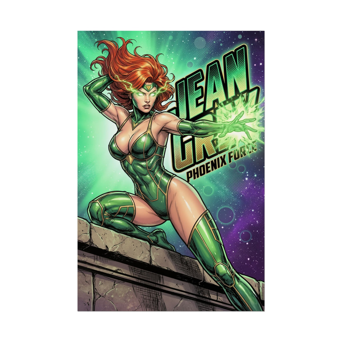Jean Grey Poster / Jean Grey Wall Art / Jean Grey Art Print / X-Men Poster featuring Jean Grey in green Phoenix armor unleashing psychic energy