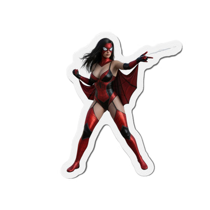 Spider-Woman Magnet – Marvel Heroine Fridge Magnet, Anime Style Decor showing die-cut vinyl Spider-Woman in dynamic anime pose for fridge or locker