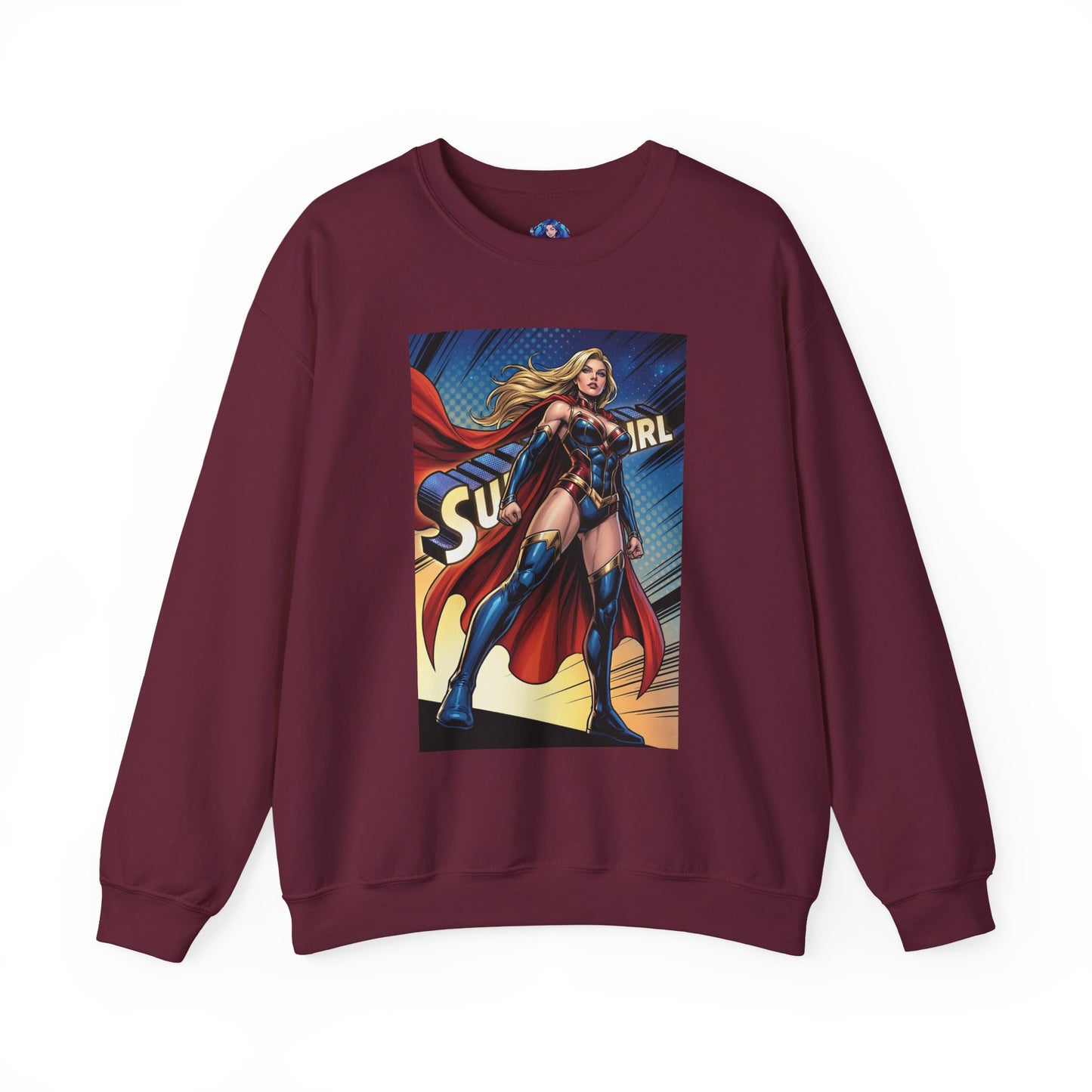 Supergirl Sweatshirt, DC Comics Crewneck, Iconic Superhero Fan Apparel - burgundy crewneck with bold comic Supergirl graphic