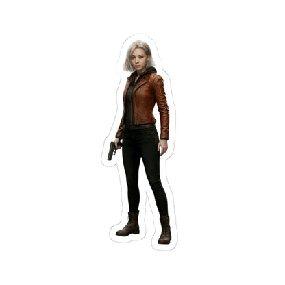 Grace Ashcroft Sticker, Resident Evil Sticker, Laptop Decal, Gift for Gamer - detailed vinyl decal of Grace Ashcroft character in brown jacket holding a pistol