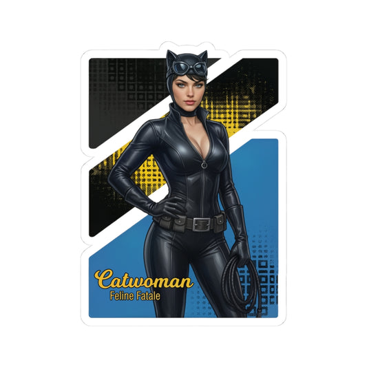 Catwoman Sticker – Comic Heroine Vinyl Sticker for Laptops & Indoor Decor, glossy vinyl Catwoman sticker showing comic-style heroine in black suit