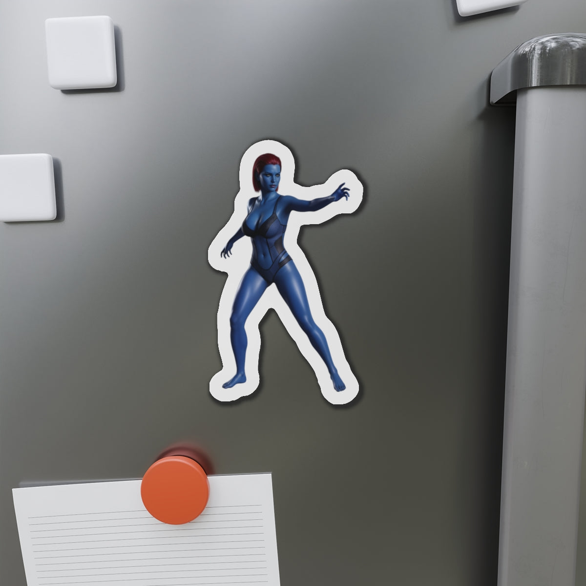 Mystique Magnet – Marvel Mutant Fridge Magnet, Anime Style Decor - die-cut vinyl fridge magnet showing Mystique in anime-style blue design