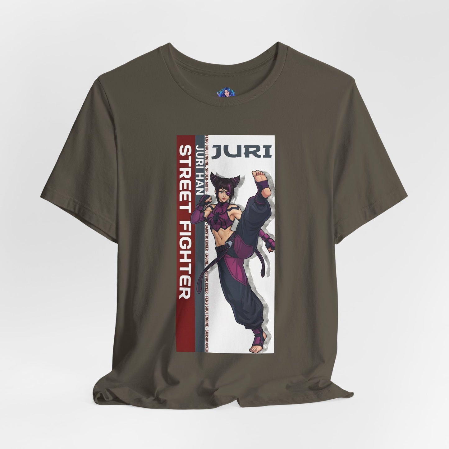 Juri Han T-Shirt | Street Fighter Anime Tee for Gamers & Fighting Game Fans - Bella Canvas 3001 printed tee showing Juri kicking pose