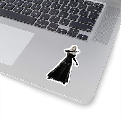 Lady Dimitrescu Sticker – Gothic Game Character Vinyl Sticker for Laptops & Decor on silver laptop showing glossy die-cut vinyl sticker with elegant gothic character