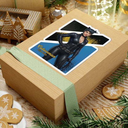 Catwoman Sticker – Comic Heroine Vinyl Sticker for Laptops & Indoor Decor on gift box showing glossy black-costumed woman sticker