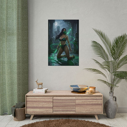 Jade Poster / Jade Wall Art / Jade Art Print / Mortal Kombat Poster showing Jade the assassin kneeling with glowing green energy in cinematic action lighting