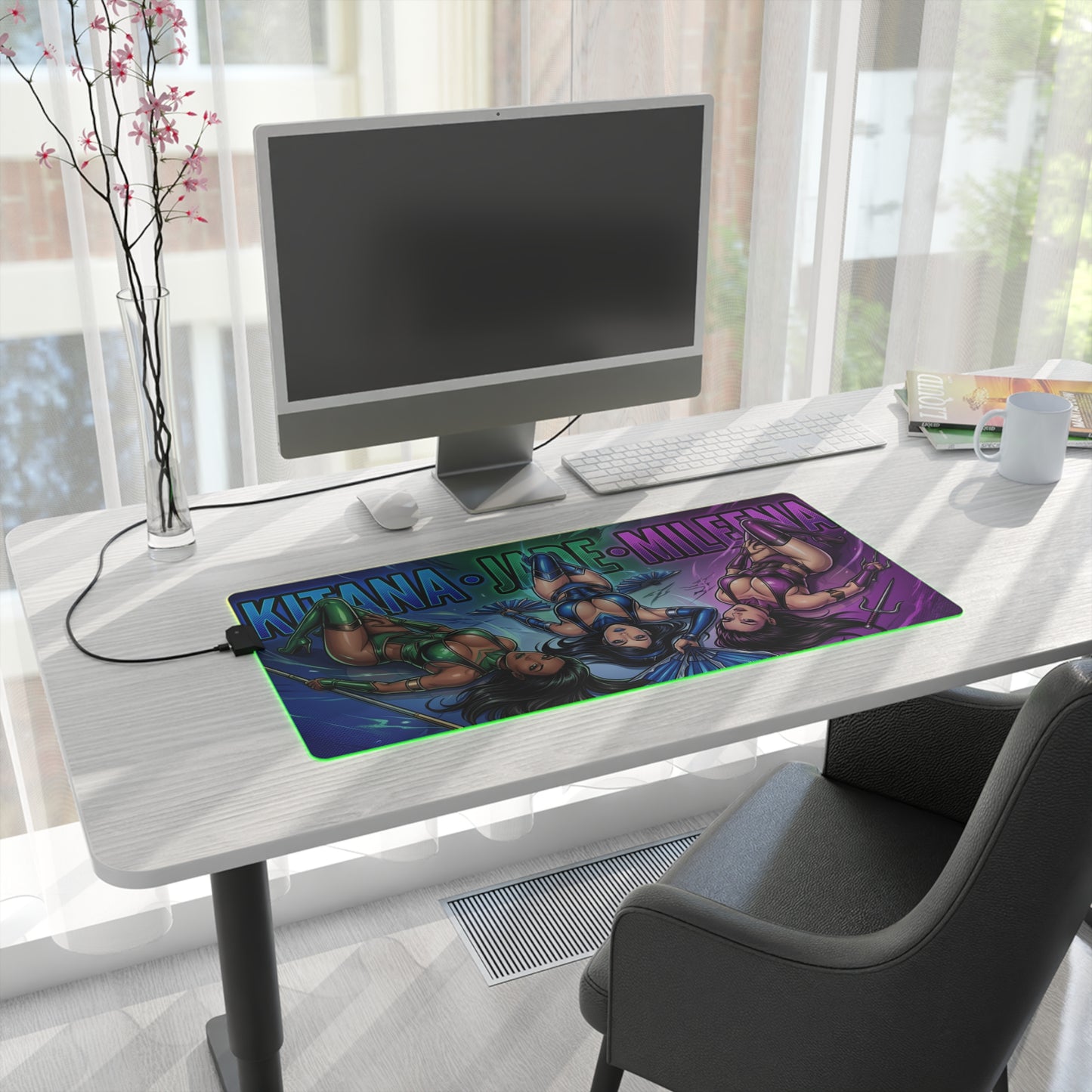 Kitana Jade Mileena RGB Desk Mat, Mortal Kombat Gaming Mouse Pad, LED Desk Mat showing trio artwork on illuminated RGB desk mat on gaming desk