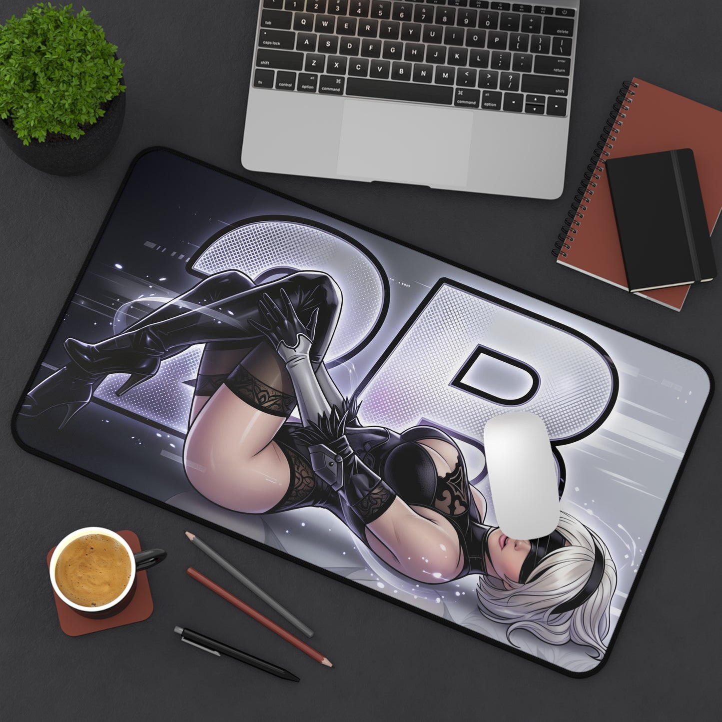 2B Mouse Pad – Action RPG Gaming Mouse Pad, Stylish Gamer Desk Decor on futuristic gaming desk with smooth glide, detailed sci‑fi 2B artwork