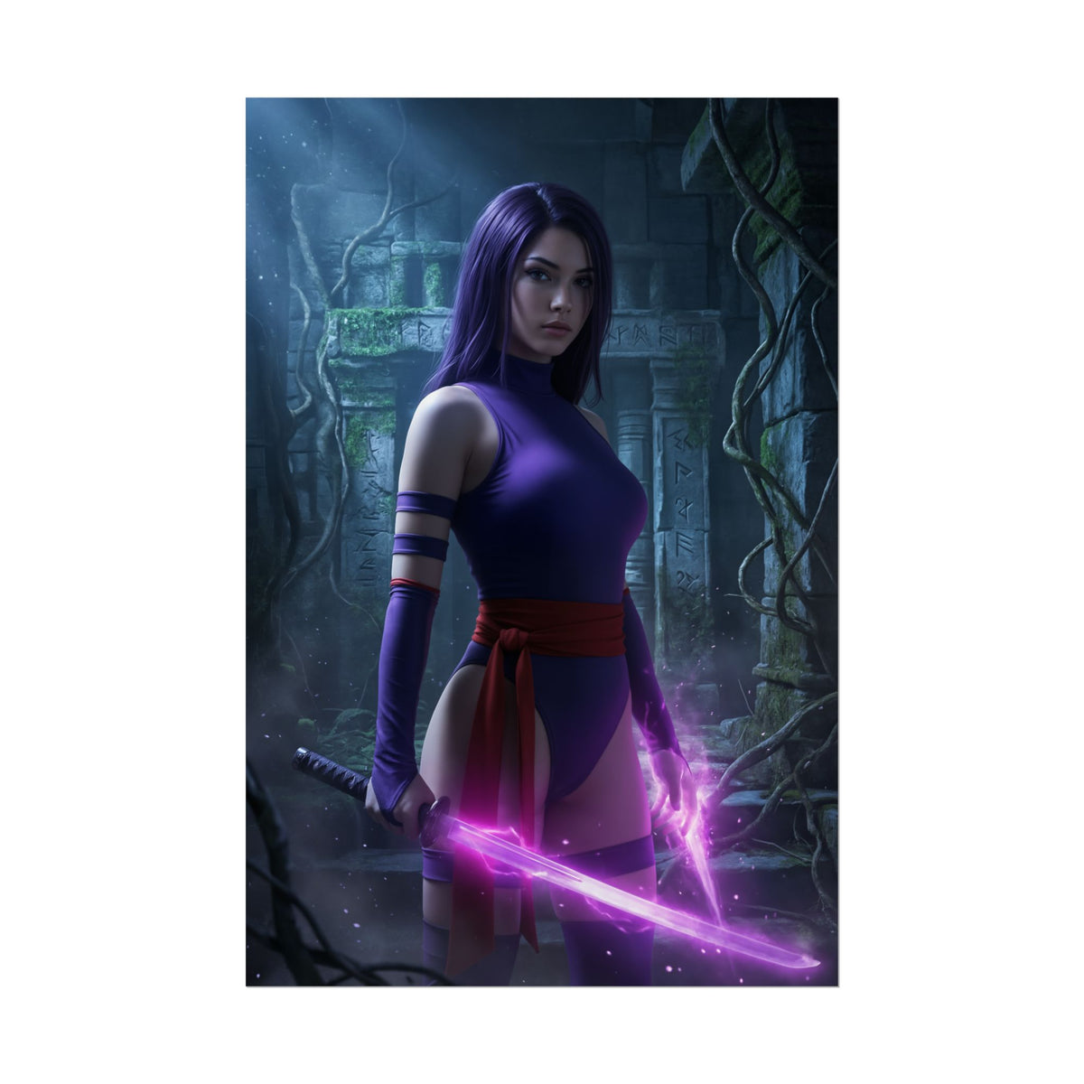 Psylocke Poster, Marvel Art Print  Iconic Mutant Ninja Heroine Wall Art featuring Psylocke with glowing psychic katanas in ancient ruin scene