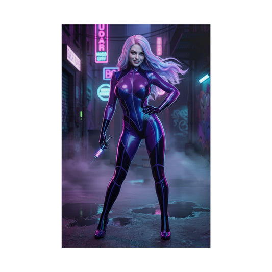 Punchline Poster, DC Comics Art Print – Supervillain Wall Art - neon cyberpunk Punchline character in glossy purple suit holding weapon in alley