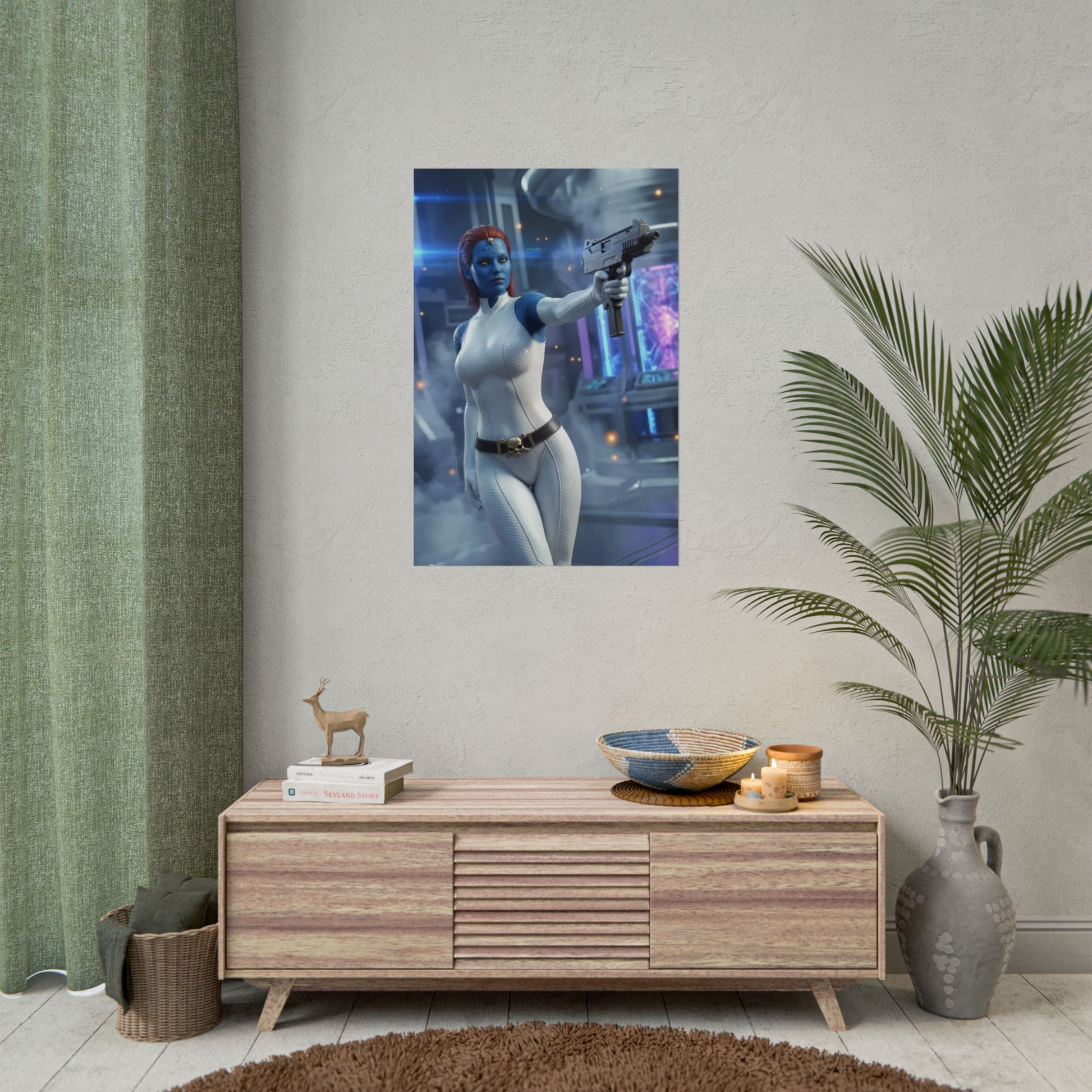 Mystique Poster, Marvel Art Print – Iconic Shape-Shifting Villain Wall Art featuring Mystique in white suit aiming a gun over a modern console