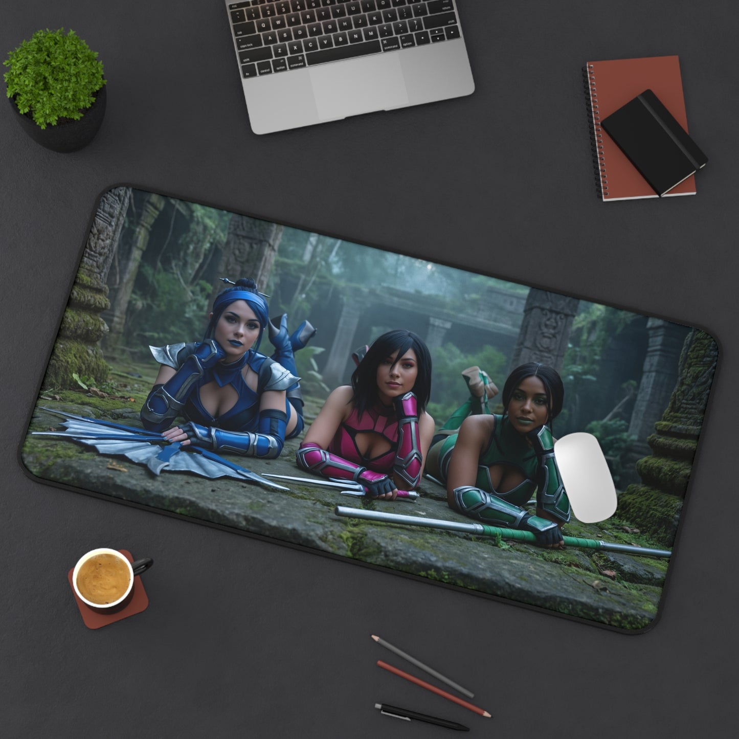Kitana Jade Mileena Gaming Mouse Pad, Mortal Kombat Desk Mat, Edenian Fighters Setup — trio artwork on desk mat with laptop and mouse