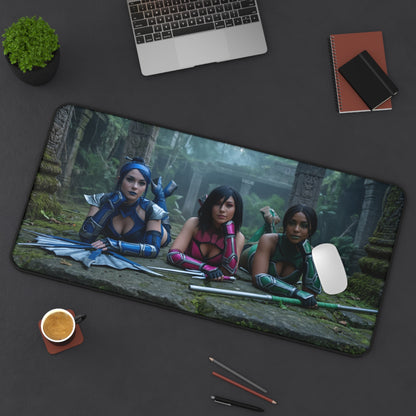 Kitana Jade Mileena Gaming Mouse Pad, Mortal Kombat Desk Mat, Edenian Fighters Setup — trio artwork on desk mat with laptop and mouse