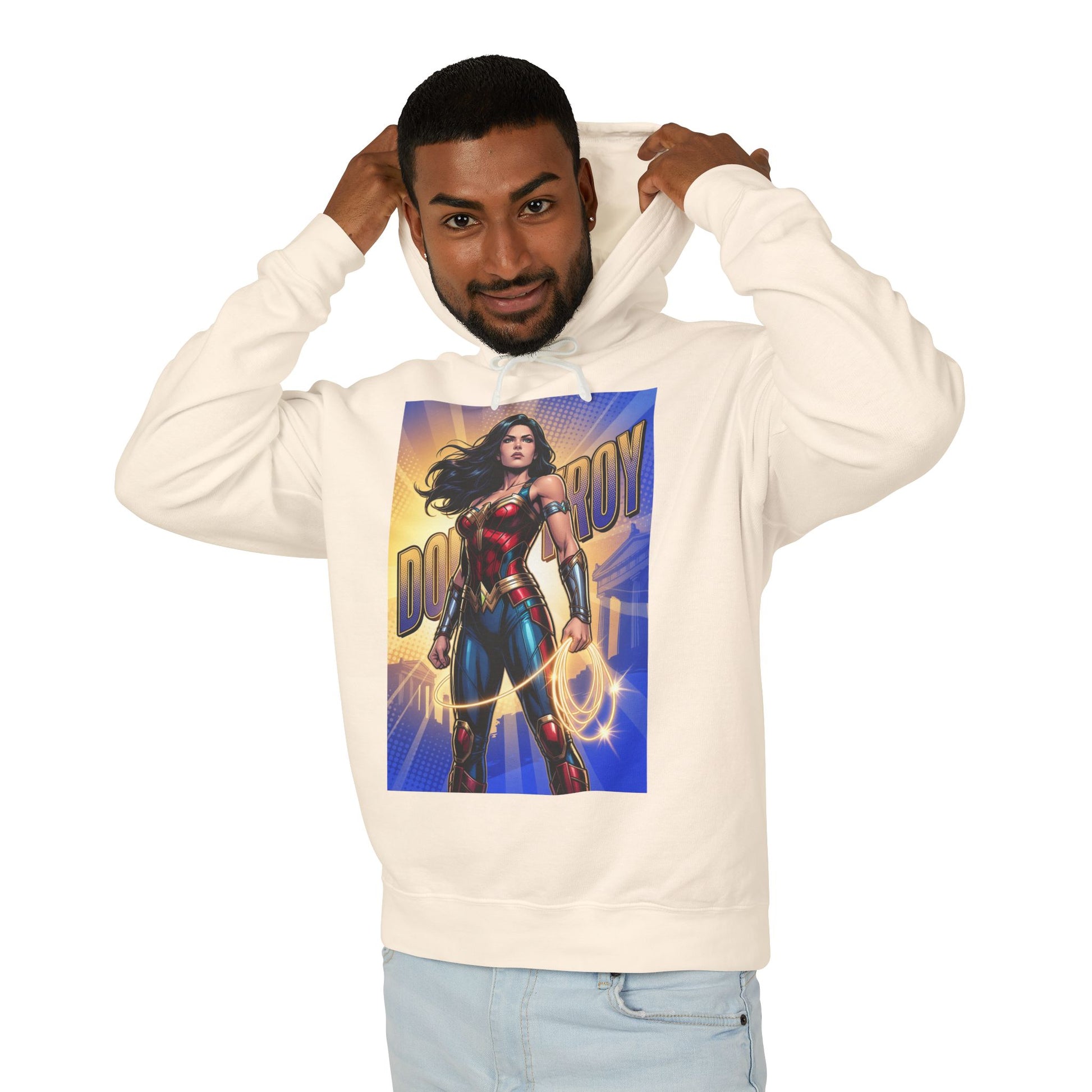 Donna Troy Hoodie | DC Superhero Hoodie | Amazon Legacy Pullover - cream pullover featuring bold Donna Troy warrior print on model