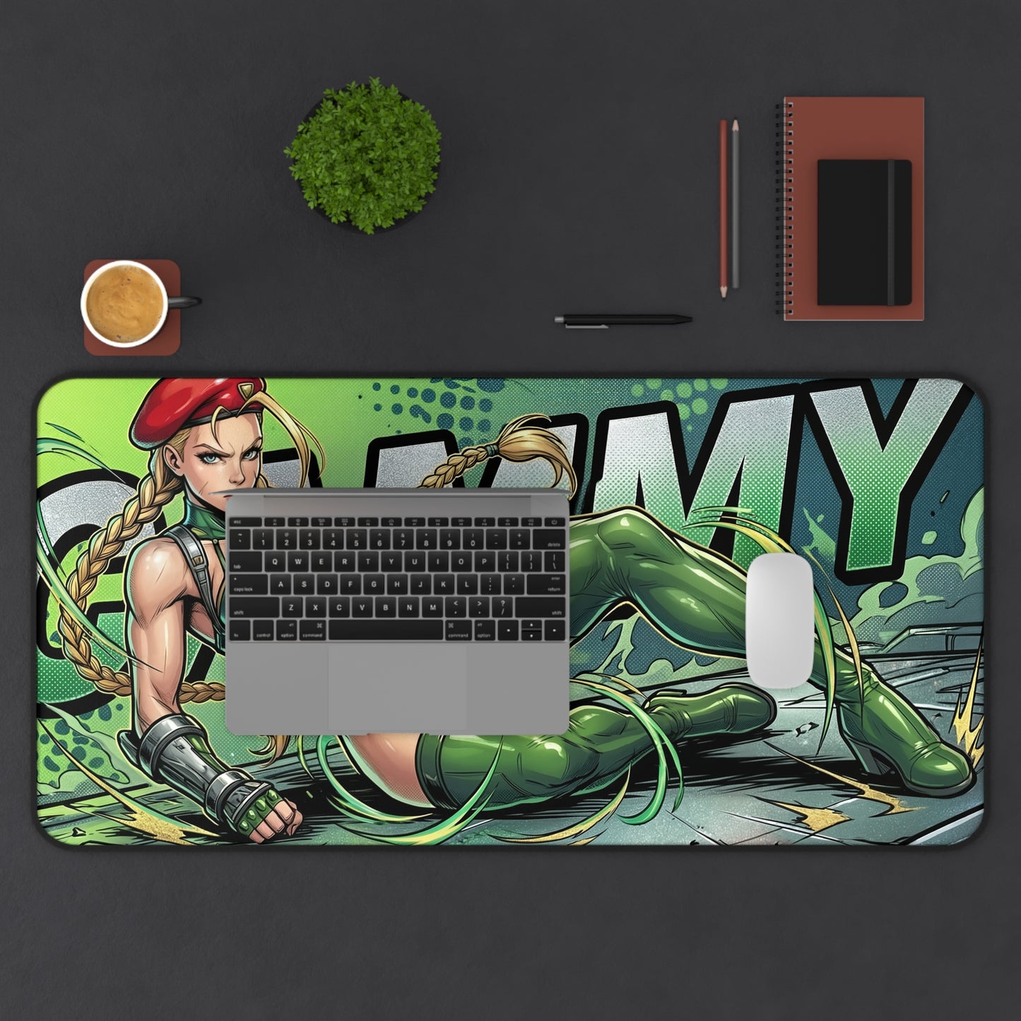 Cammy Desk Mat, Street Fighter Mouse Pad, Gaming Setup Desk Decor showcasing Cammy artwork on large non-slip gaming desk mat