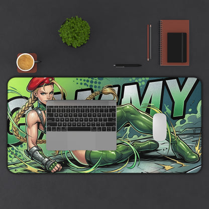 Cammy Desk Mat, Street Fighter Mouse Pad, Gaming Setup Desk Decor showcasing Cammy artwork on large non-slip gaming desk mat