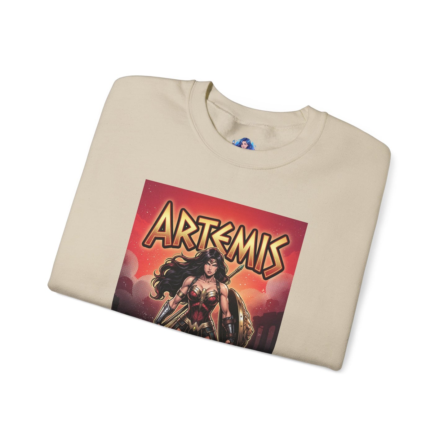 Artemis Sweatshirt, DC Comics Warrior Art, Premium Hero Apparel - folded cream crewneck with Artemis battle art, spear and armor