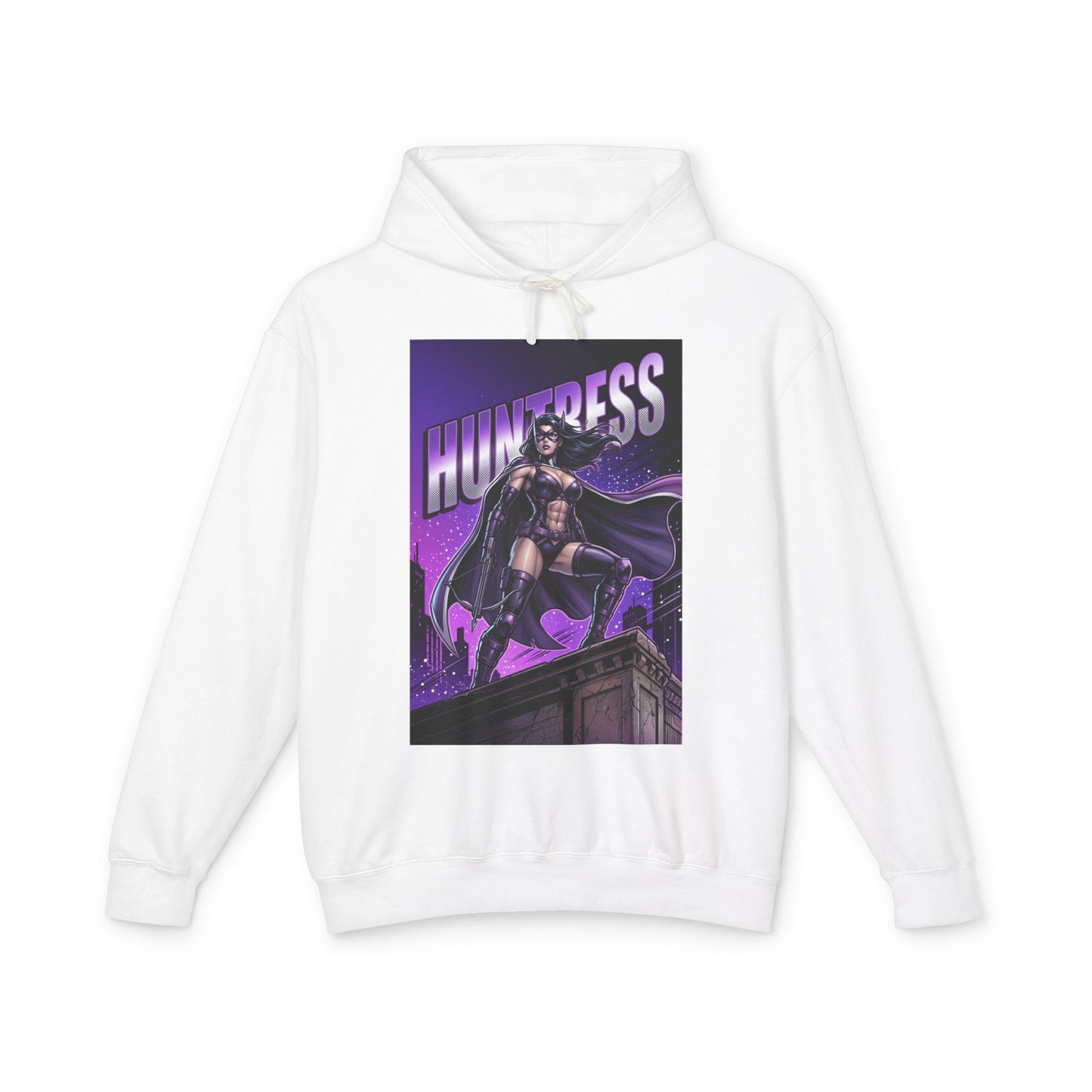 Huntress Hoodie | DC Vigilante Hoodie | Gotham Avenger Pullover - white pullover with purple Huntress graphic on rooftop